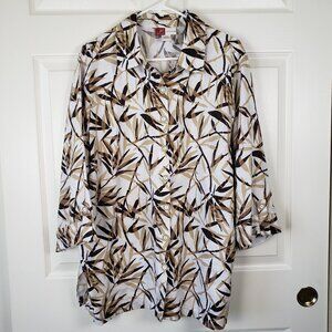 Palm Print 100% Linen Button Down Blouse Size 18W Vacation, beach, Breathable